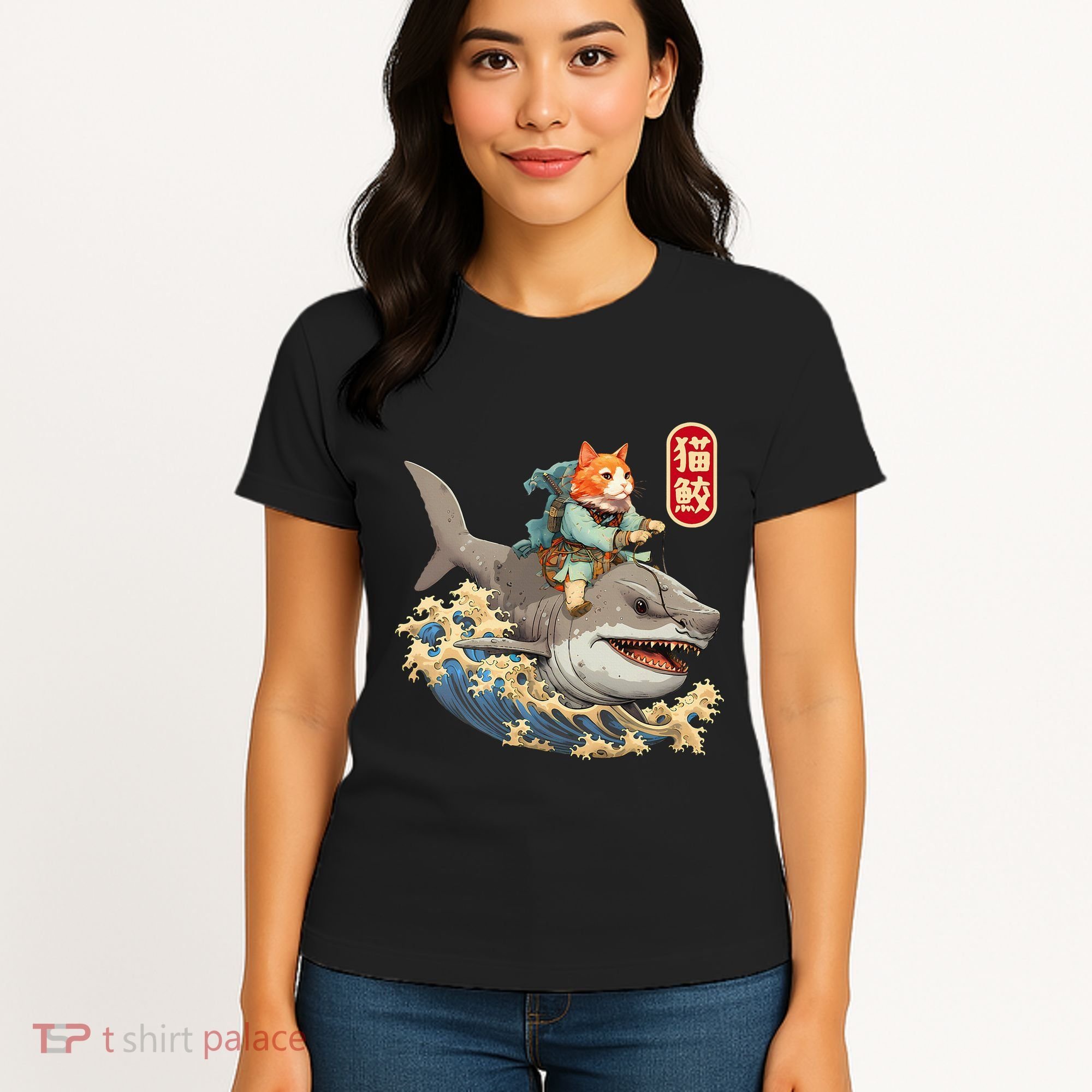 Japanese Samurai Cat Shark Ninja Cat Tattoo Kitten Women's T-Shirt