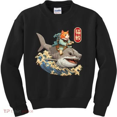 Japanese Samurai Cat Shark Ninja Cat Tattoo Kitten Kids Sweatshirt