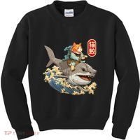 Japanese Samurai Cat Shark Ninja Cat Tattoo Kitten Kids Sweatshirt thumb 0