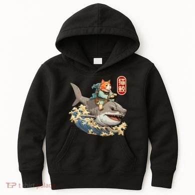 Japanese Samurai Cat Shark Ninja Cat Tattoo Kitten Kids Hoodie
