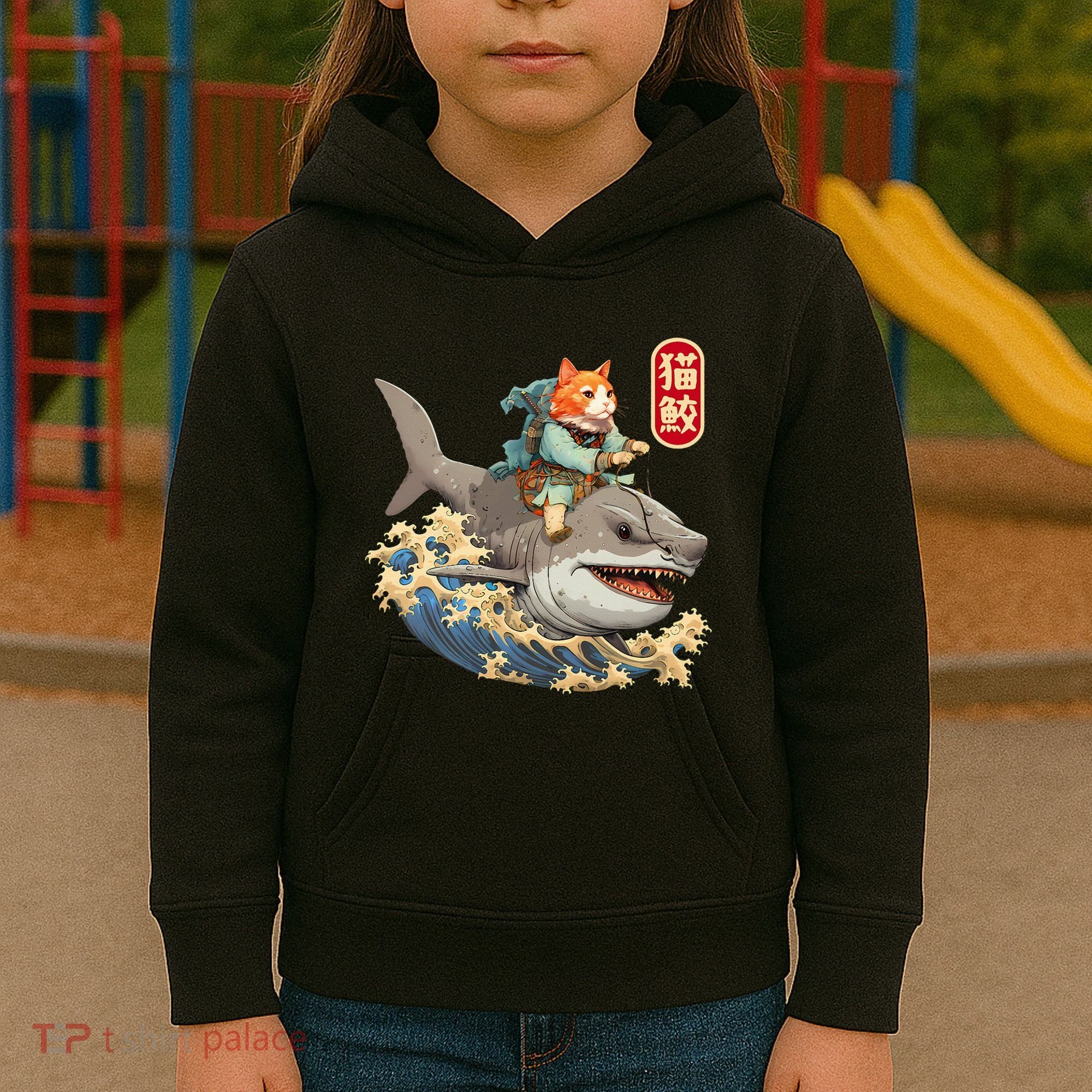 Japanese Samurai Cat Shark Ninja Cat Tattoo Kitten Kids Hoodie