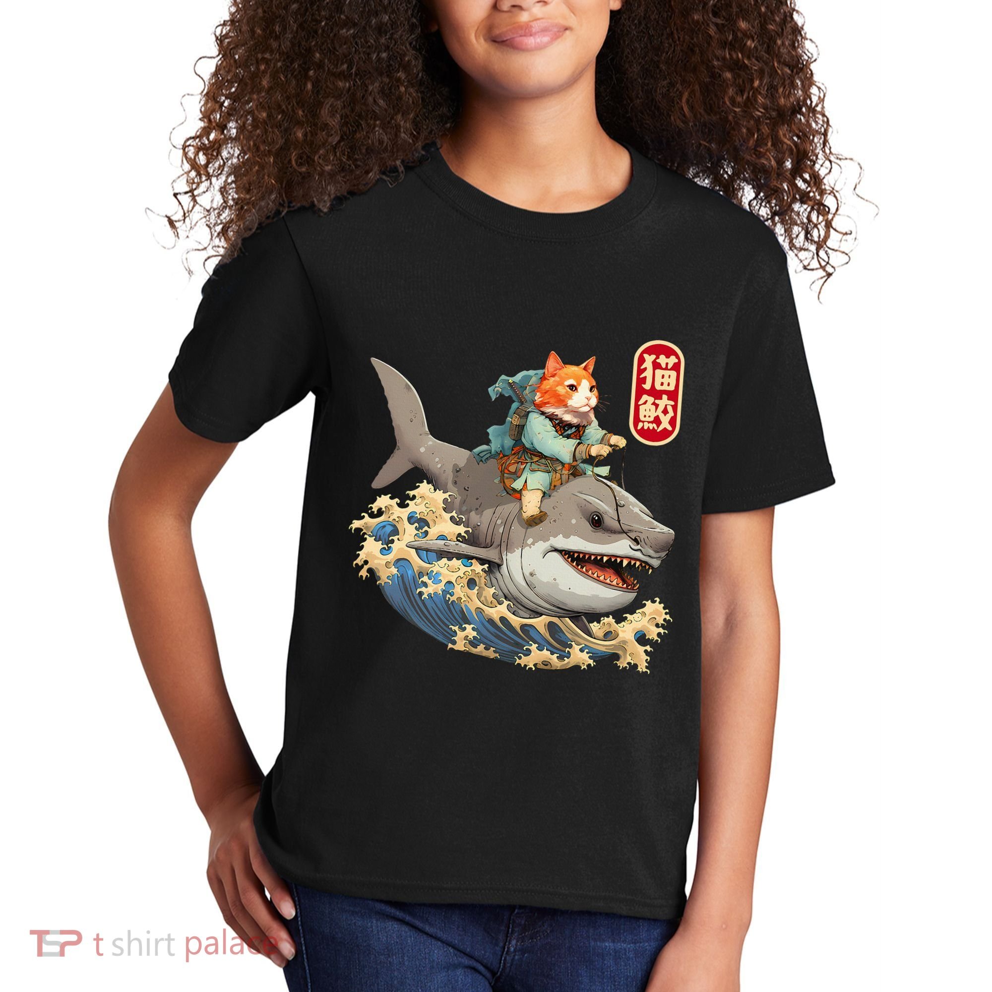 Japanese Samurai Cat Shark Ninja Cat Tattoo Kitten Kids T-Shirt