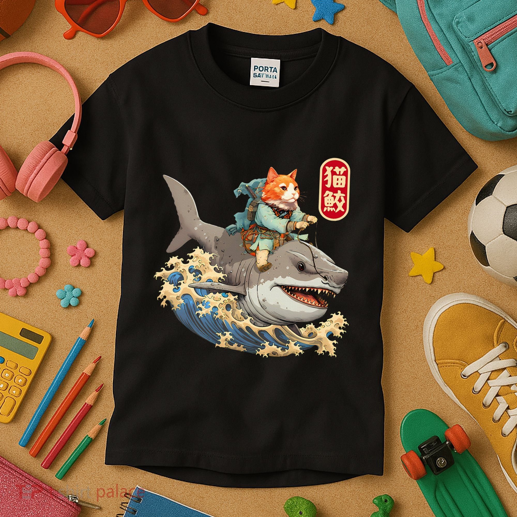 Japanese Samurai Cat Shark Ninja Cat Tattoo Kitten Kids T-Shirt
