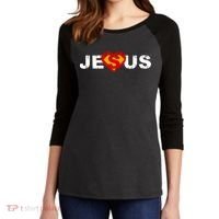 Jesus Superhero Christianity Women's Tri-Blend 3/4-Sleeve Raglan Shirt thumb 2