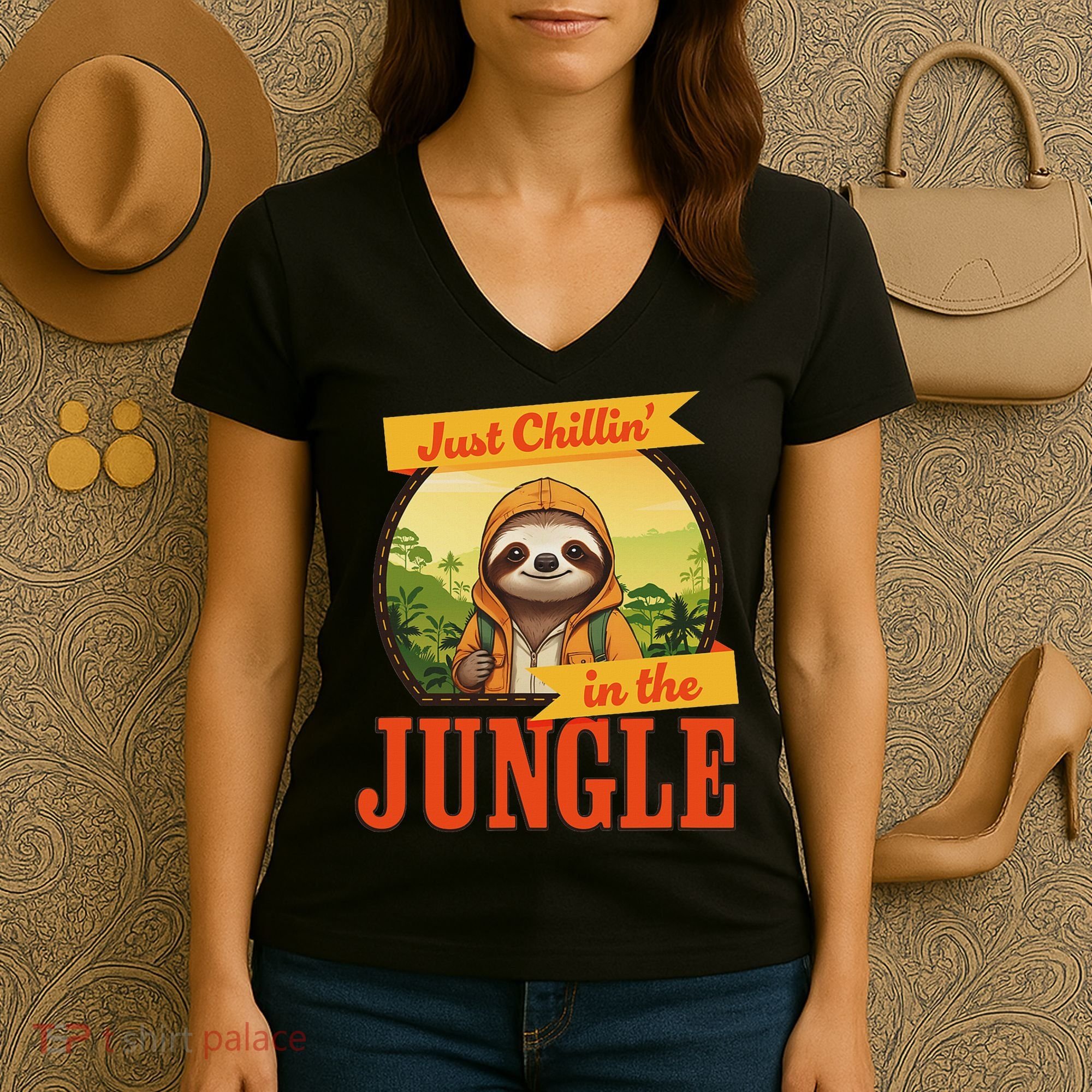 Jungle Sloth, Chilling In The Jungle Sloth Women's V-Neck T-Shirt
