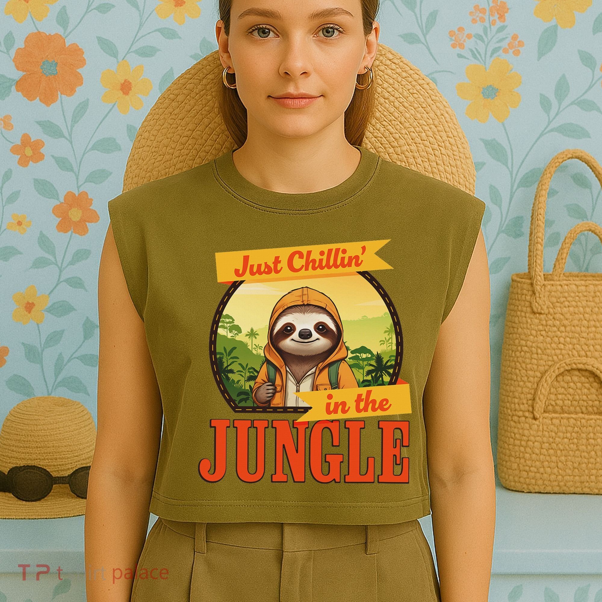 Jungle Sloth, Chilling In The Jungle Sloth Garment-Dyed Women's Muscle Tee