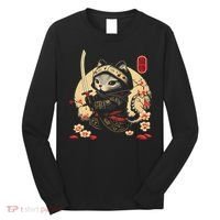 Japanese Samurai Cat Tattoo, Kawaii Ninja Cat Long Sleeve Shirt thumb 0