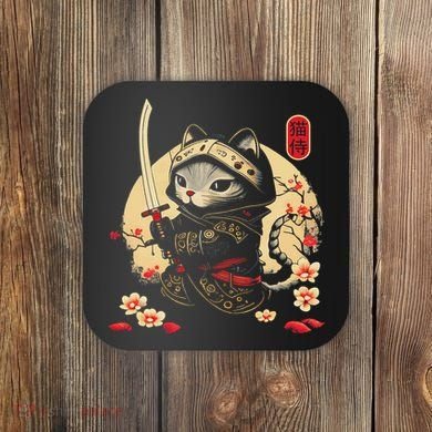 Japanese Samurai Cat Tattoo, Kawaii Ninja Cat Coaster
