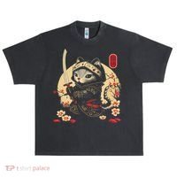 Japanese Samurai Cat Tattoo, Kawaii Ninja Cat Urban Oversized Heavyweight T-Shirt thumb 0