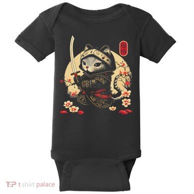 Japanese Samurai Cat Tattoo, Kawaii Ninja Cat Baby Bodysuit