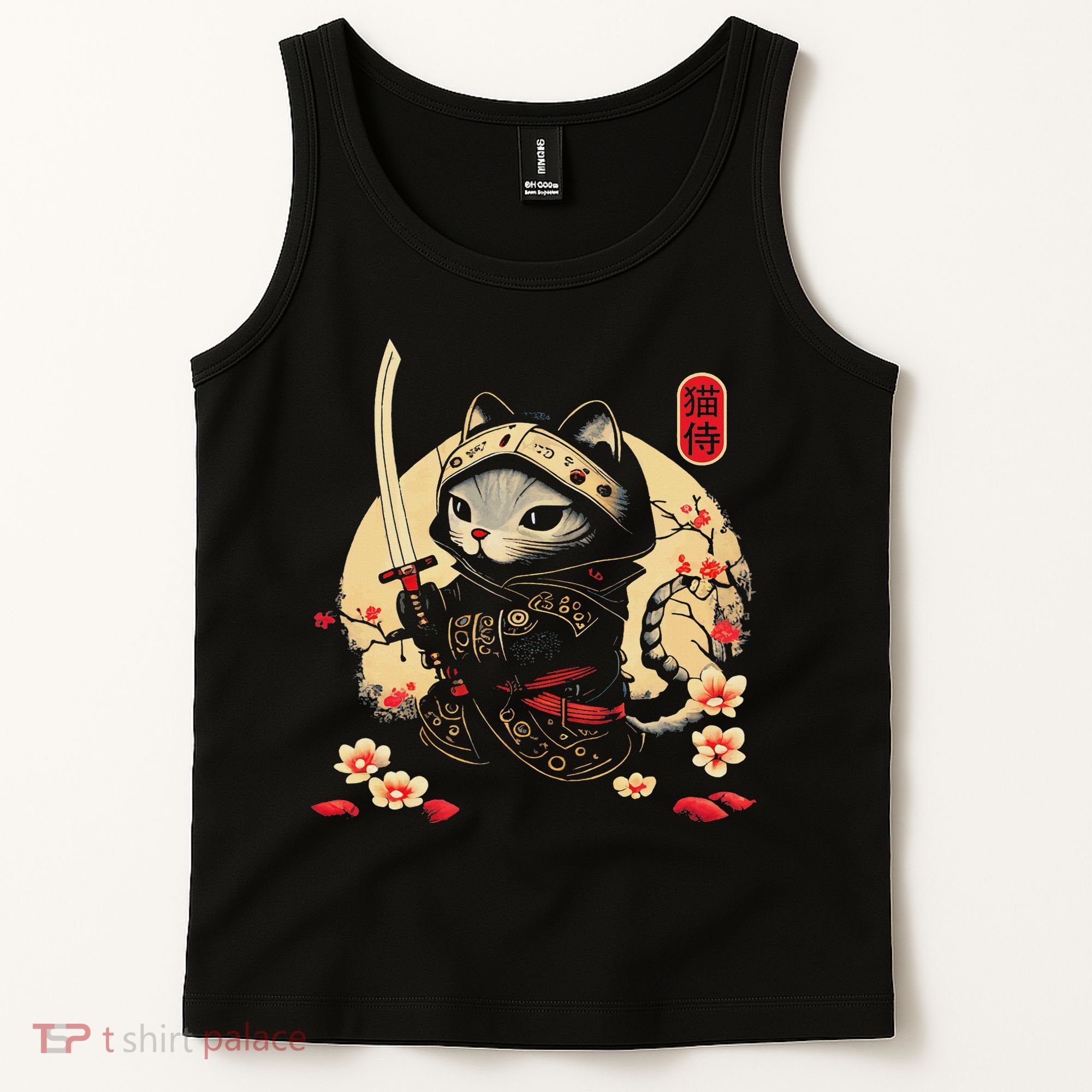 Japanese Samurai Cat Tattoo, Kawaii Ninja Cat Tank Top