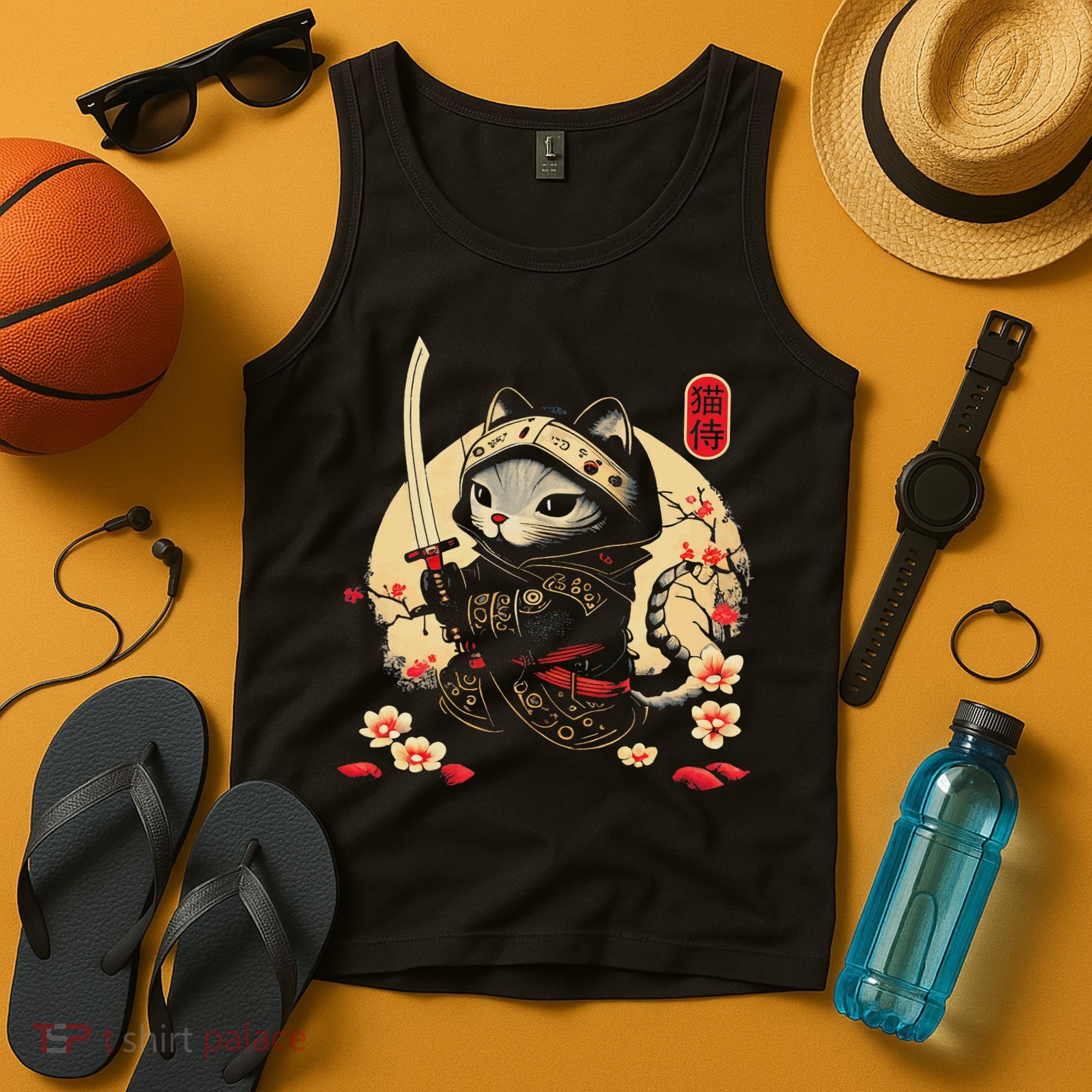 Japanese Samurai Cat Tattoo, Kawaii Ninja Cat Tank Top