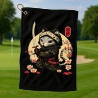 Japanese Samurai Cat Tattoo, Kawaii Ninja Cat Golf Towel thumb 1