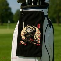 Japanese Samurai Cat Tattoo, Kawaii Ninja Cat Golf Towel thumb 2