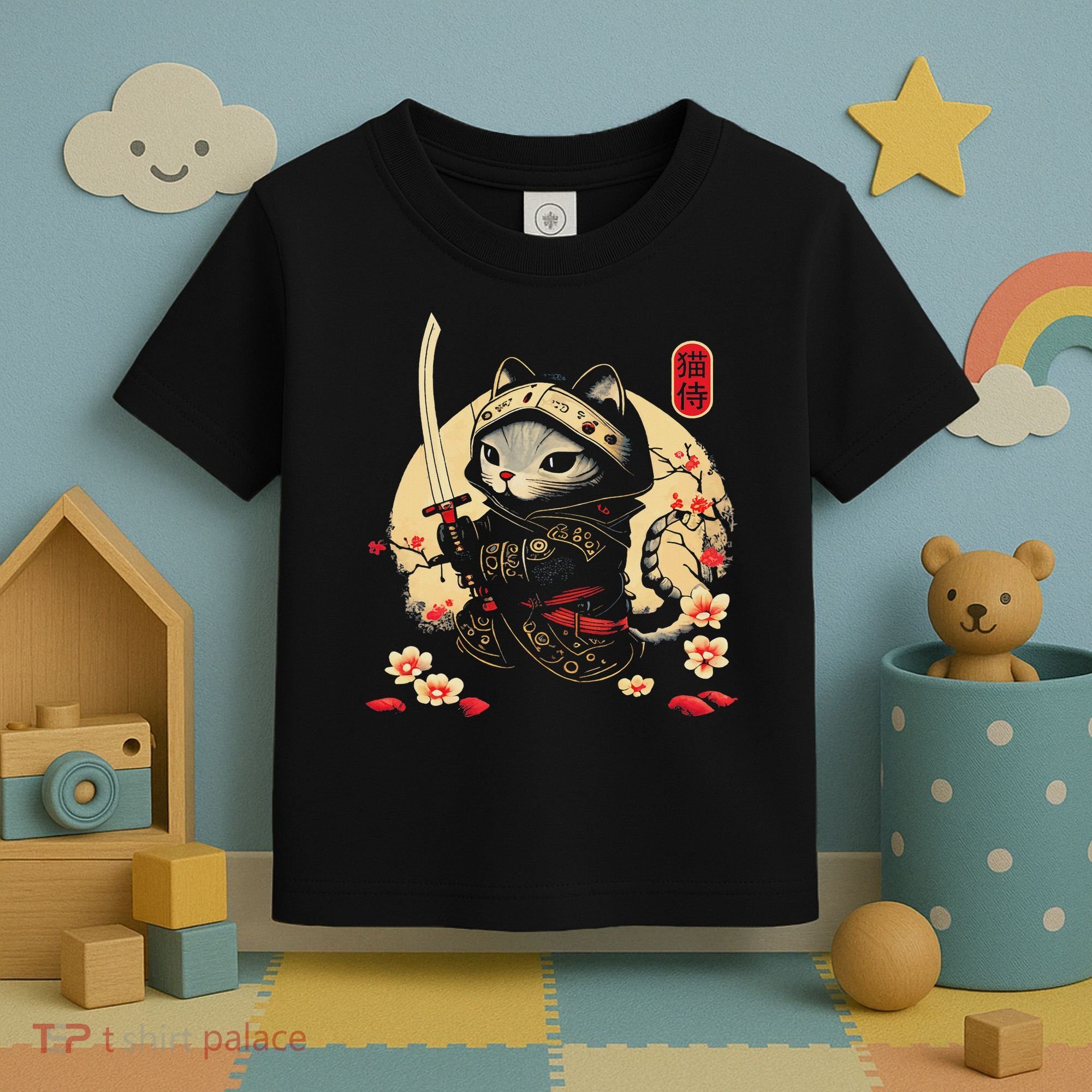 Japanese Samurai Cat Tattoo, Kawaii Ninja Cat Toddler T-Shirt