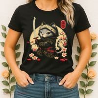Japanese Samurai Cat Tattoo, Kawaii Ninja Cat Women's T-Shirt thumb 2