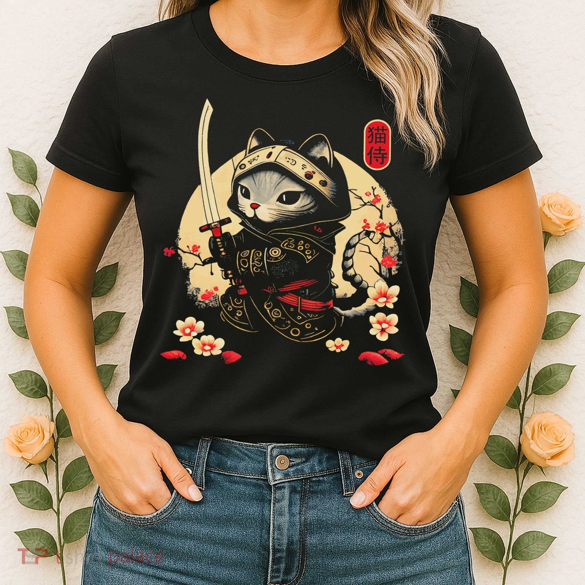 Japanese Samurai Cat Tattoo, Kawaii Ninja Cat Women's T-Shirt