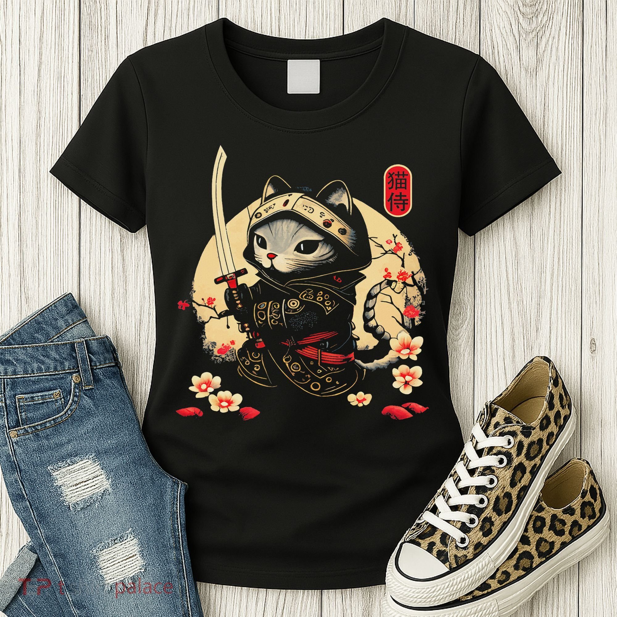 Japanese Samurai Cat Tattoo, Kawaii Ninja Cat Women's T-Shirt