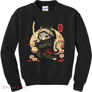 Japanese Samurai Cat Tattoo, Kawaii Ninja Cat Kids Sweatshirt