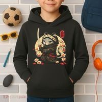 Japanese Samurai Cat Tattoo, Kawaii Ninja Cat Kids Hoodie thumb 2