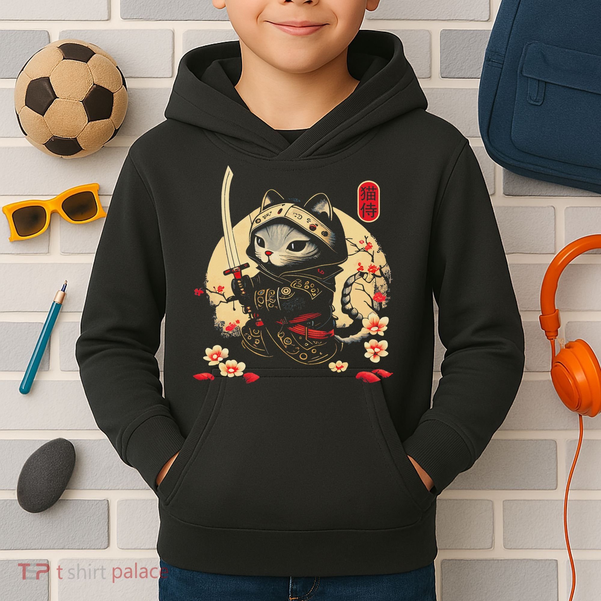 Japanese Samurai Cat Tattoo, Kawaii Ninja Cat Kids Hoodie
