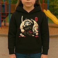 Japanese Samurai Cat Tattoo, Kawaii Ninja Cat Kids Hoodie thumb 3