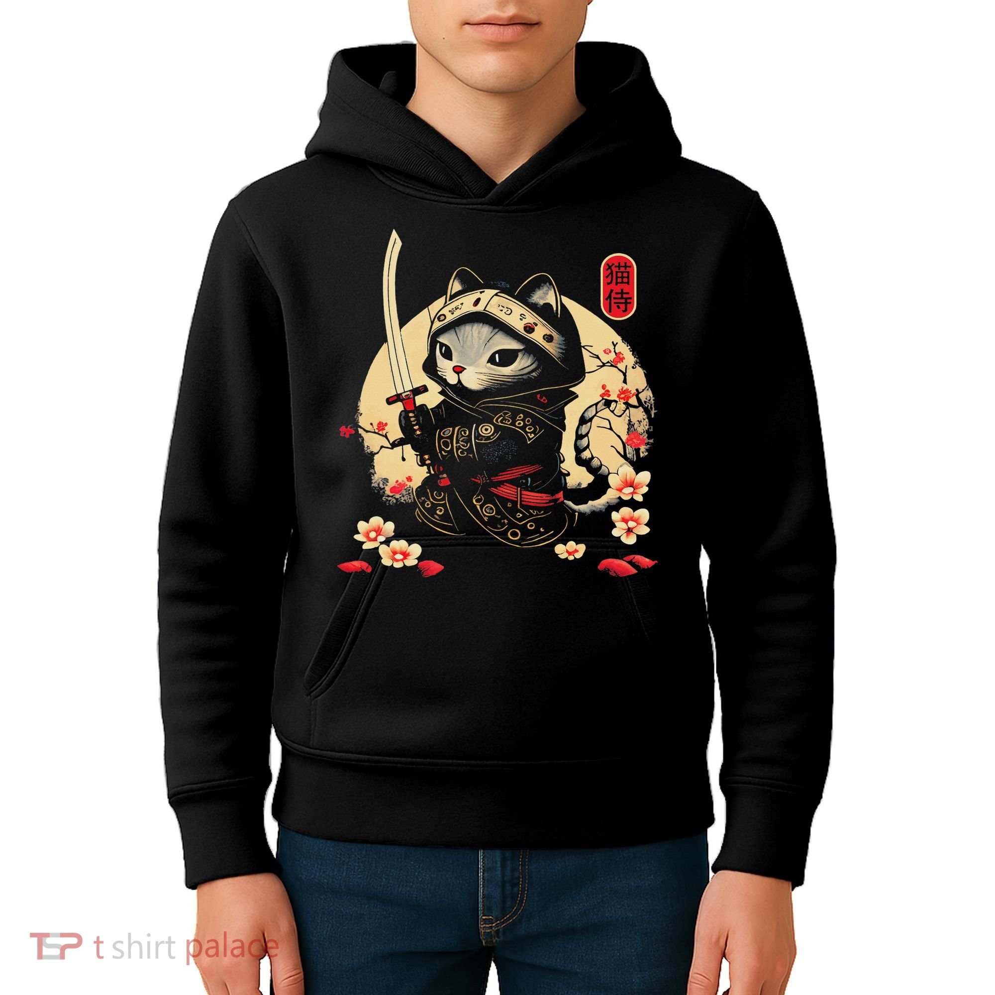 Japanese Samurai Cat Tattoo, Kawaii Ninja Cat Kids Hoodie