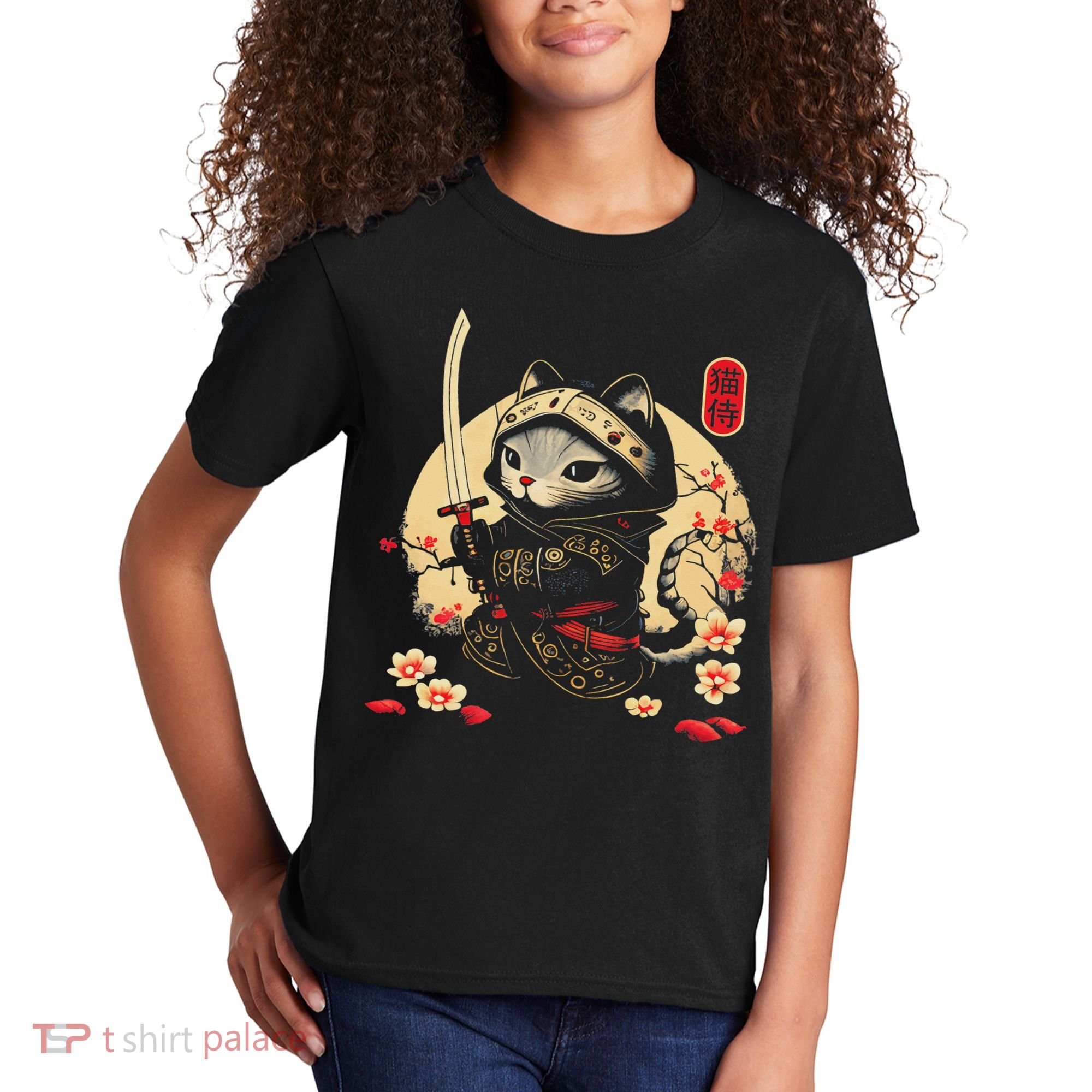 Japanese Samurai Cat Tattoo, Kawaii Ninja Cat Kids T-Shirt
