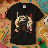Japanese Samurai Cat Tattoo, Kawaii Ninja Cat Kids T-Shirt thumb 3