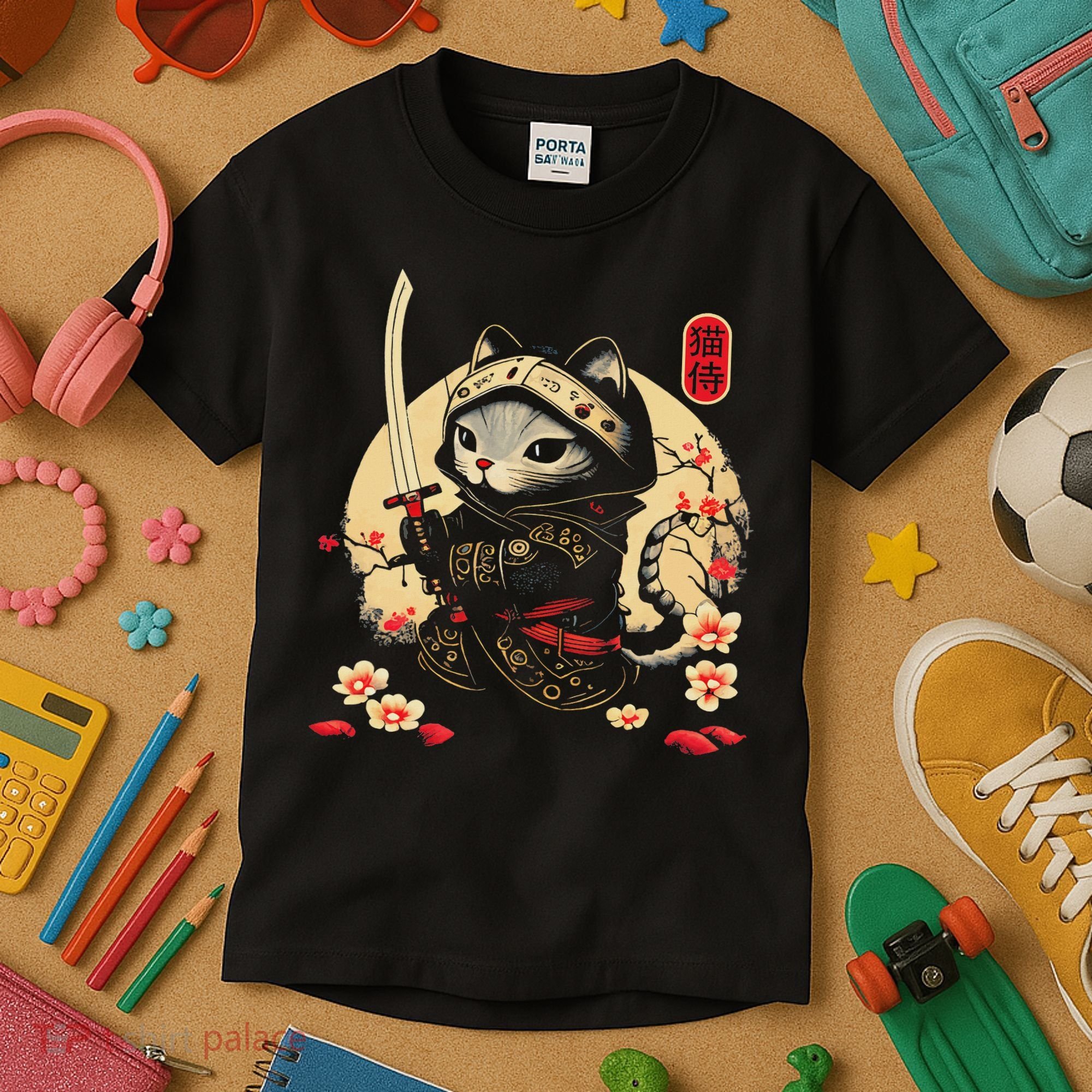 Japanese Samurai Cat Tattoo, Kawaii Ninja Cat Kids T-Shirt