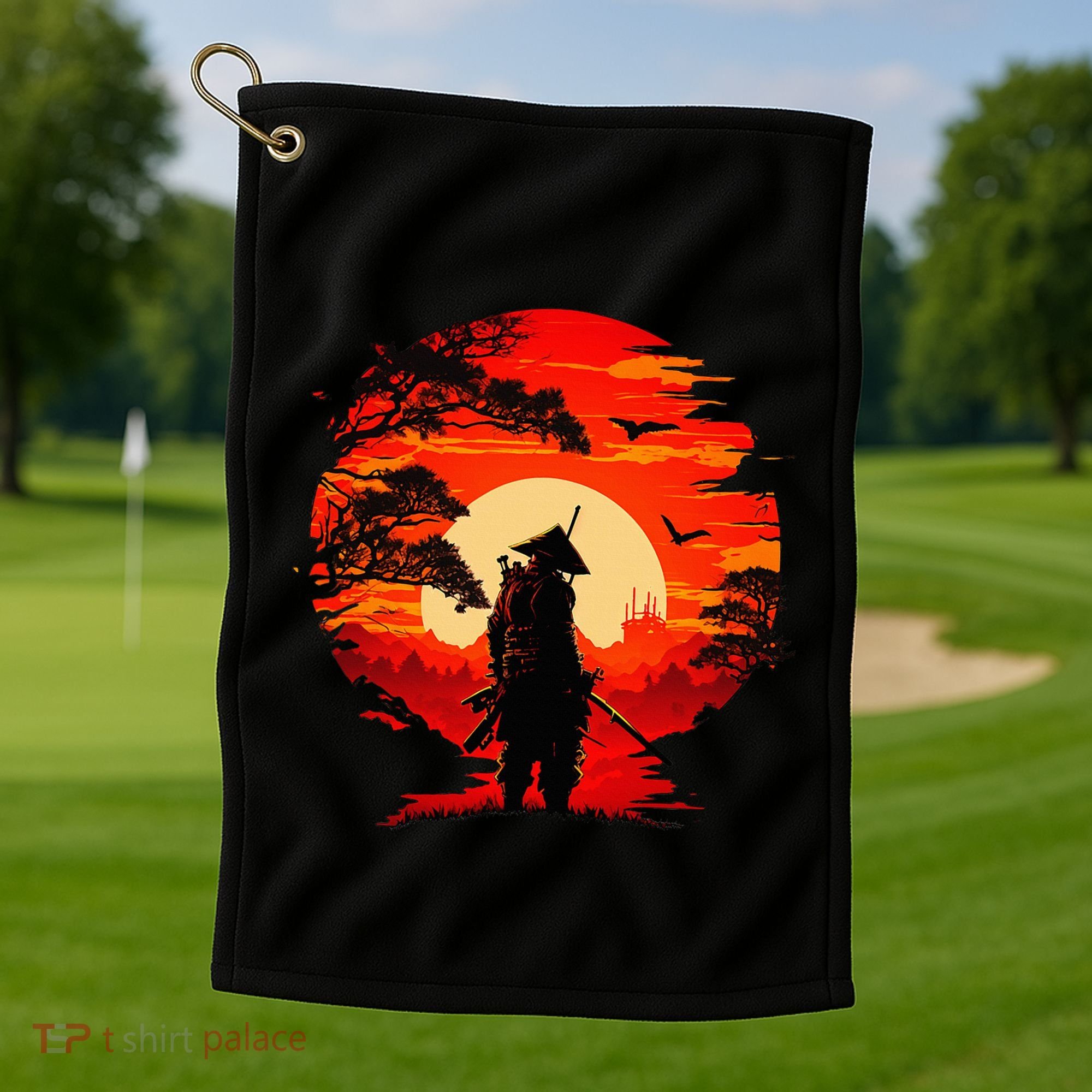 Japanese Samurai Fighter Martial Arts Retro Sunset Golf Towel