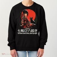 Japanese Samurai Girl With Sword And Kawaii Anime Black Cat Women's Sweatshirt thumb 0