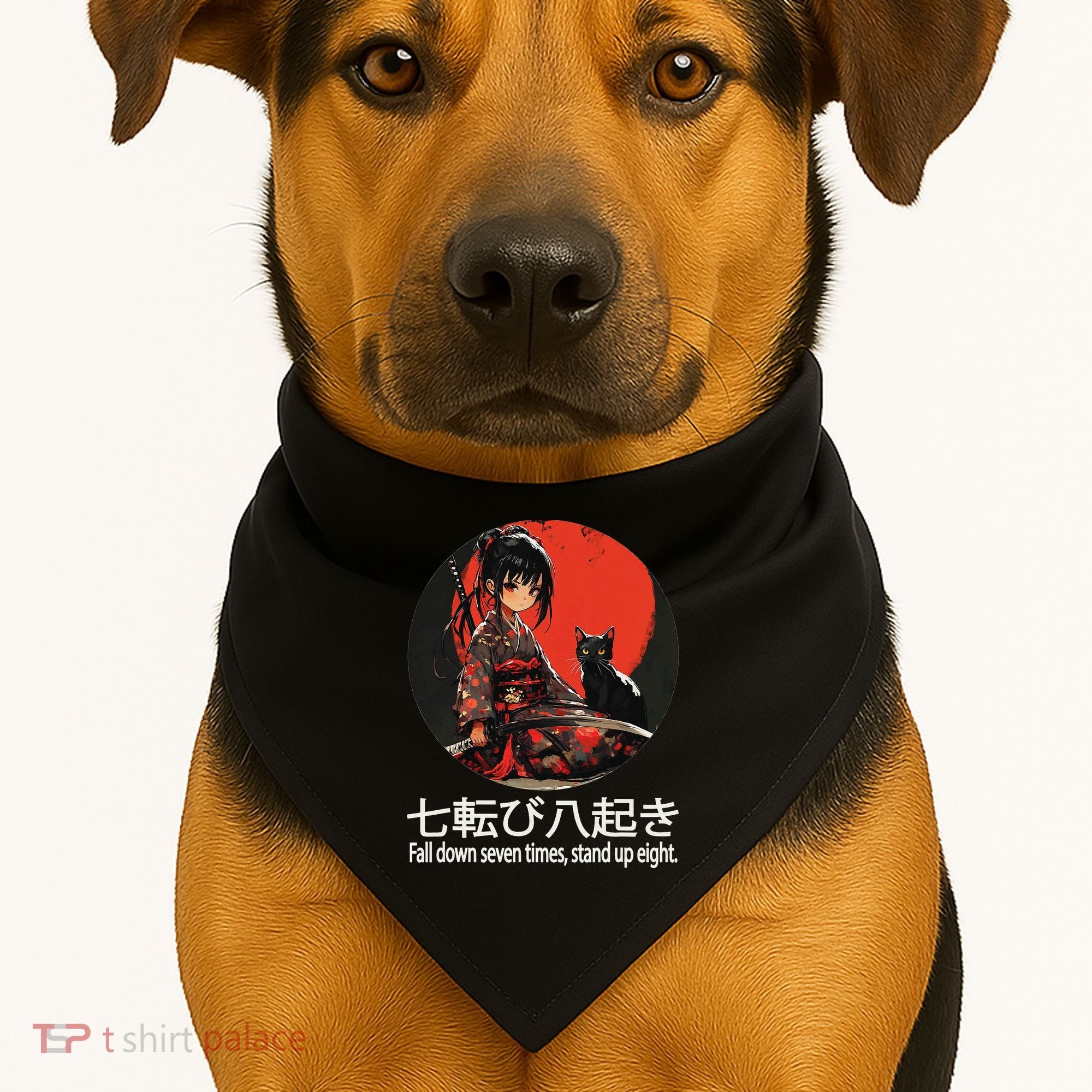 Japanese Samurai Girl With Sword And Kawaii Anime Black Cat USA-Made Doggie Bandana