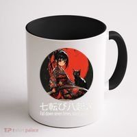 Japanese Samurai Girl With Sword And Kawaii Anime Black Cat Coffee Mug thumb 1