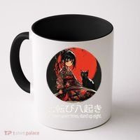 Japanese Samurai Girl With Sword And Kawaii Anime Black Cat Coffee Mug thumb 0