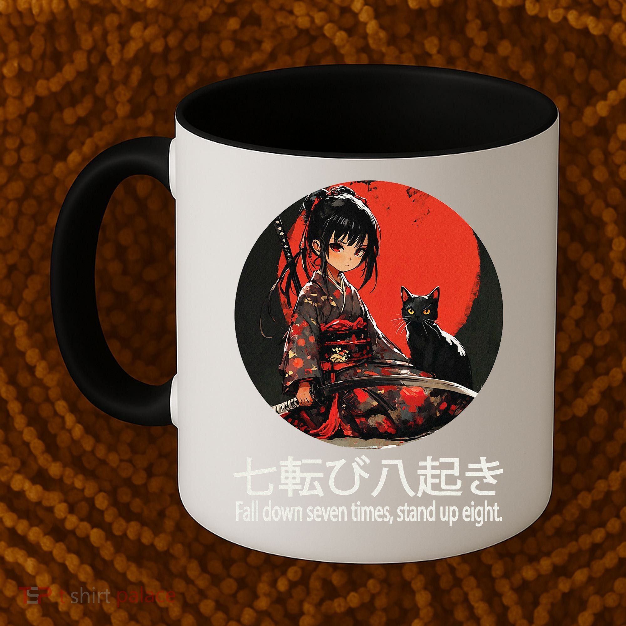 Japanese Samurai Girl With Sword And Kawaii Anime Black Cat Coffee Mug