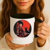 Japanese Samurai Girl With Sword And Kawaii Anime Black Cat Coffee Mug thumb 3