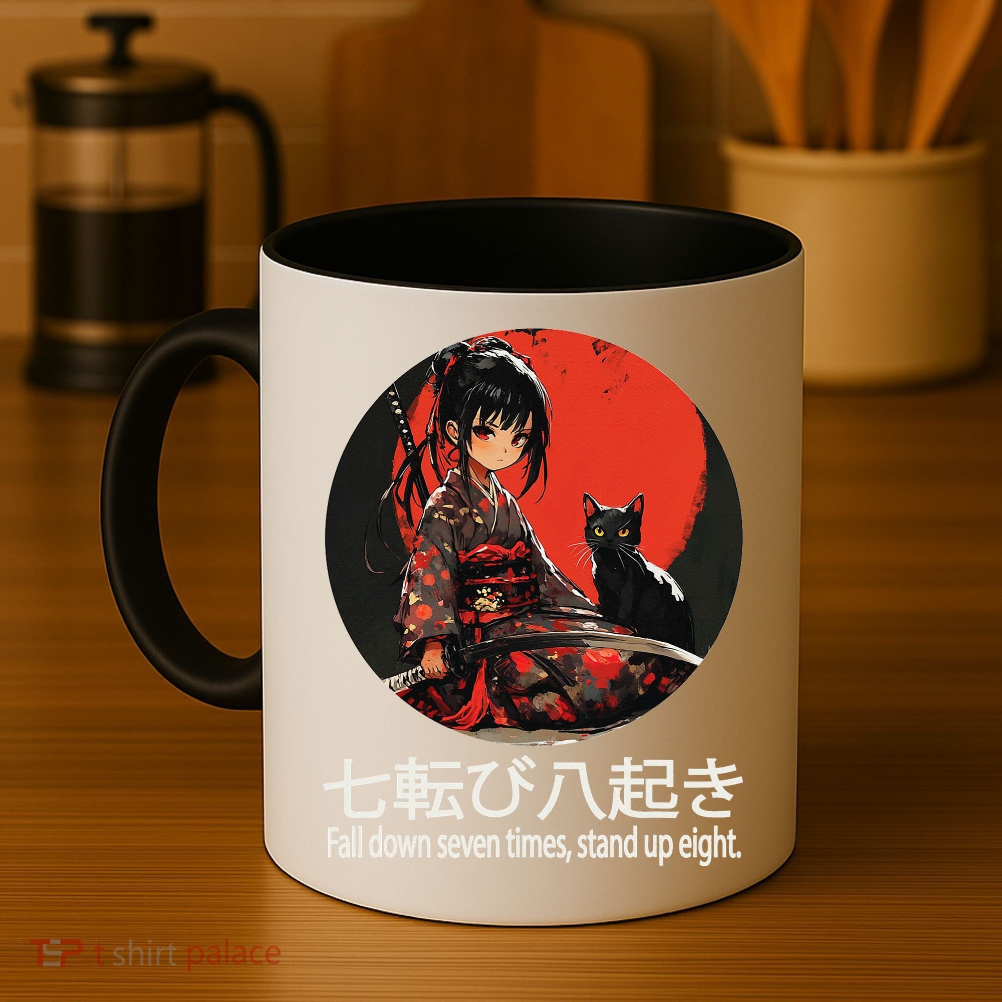Japanese Samurai Girl With Sword And Kawaii Anime Black Cat Coffee Mug