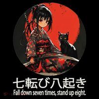 Japanese Samurai Girl With Sword And Kawaii Anime Black Cat Coffee Mug thumb 5
