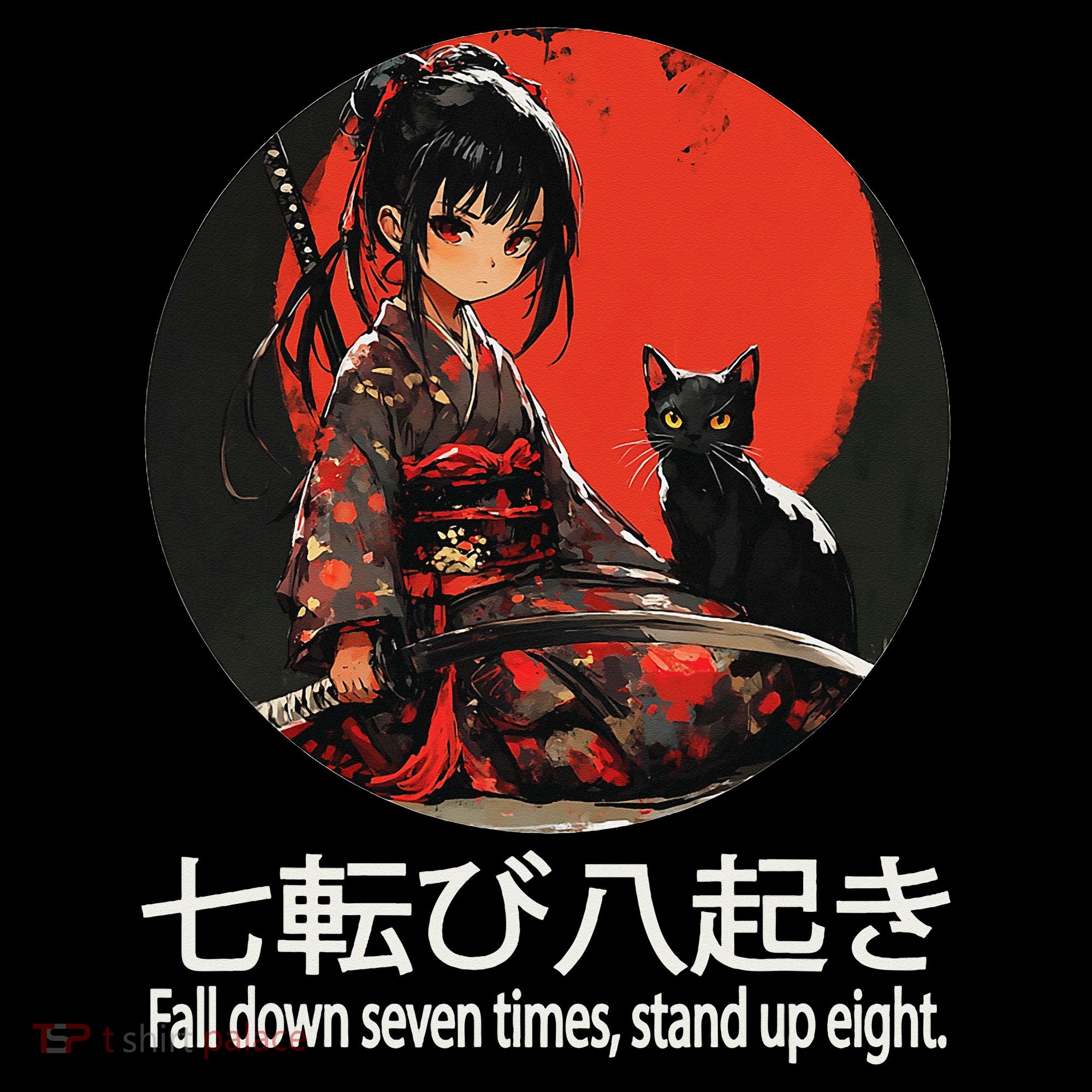 Japanese Samurai Girl With Sword And Kawaii Anime Black Cat Coffee Mug