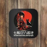 Japanese Samurai Girl With Sword And Kawaii Anime Black Cat Coaster thumb 0