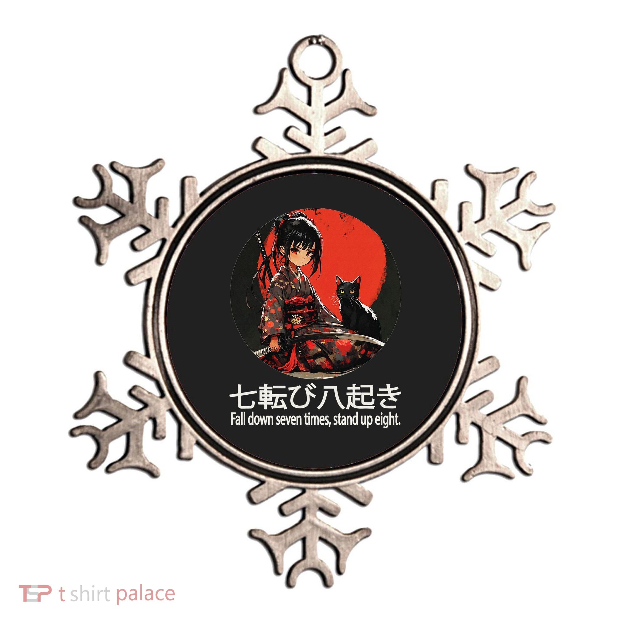 Japanese Samurai Girl With Sword And Kawaii Anime Black Cat Ornament