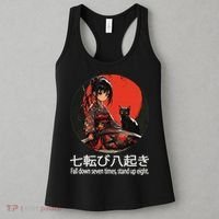 Japanese Samurai Girl With Sword And Kawaii Anime Black Cat Women's Tank Top thumb 3