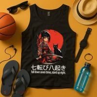 Japanese Samurai Girl With Sword And Kawaii Anime Black Cat Tank Top thumb 4