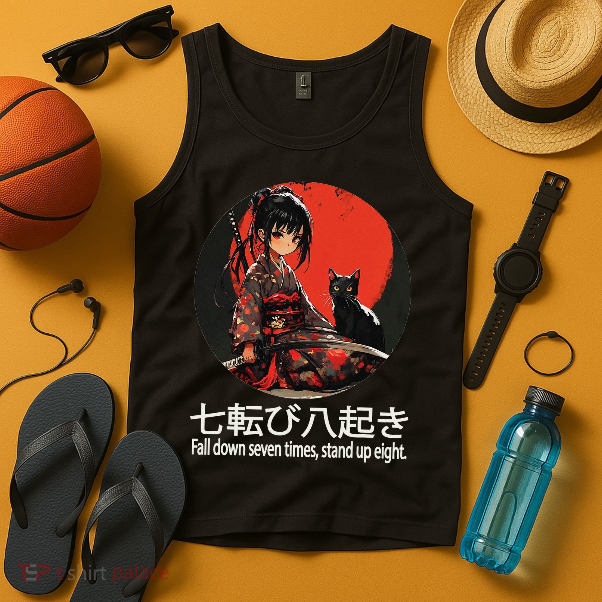 Japanese Samurai Girl With Sword And Kawaii Anime Black Cat Tank Top