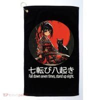 Japanese Samurai Girl With Sword And Kawaii Anime Black Cat Golf Towel thumb 0
