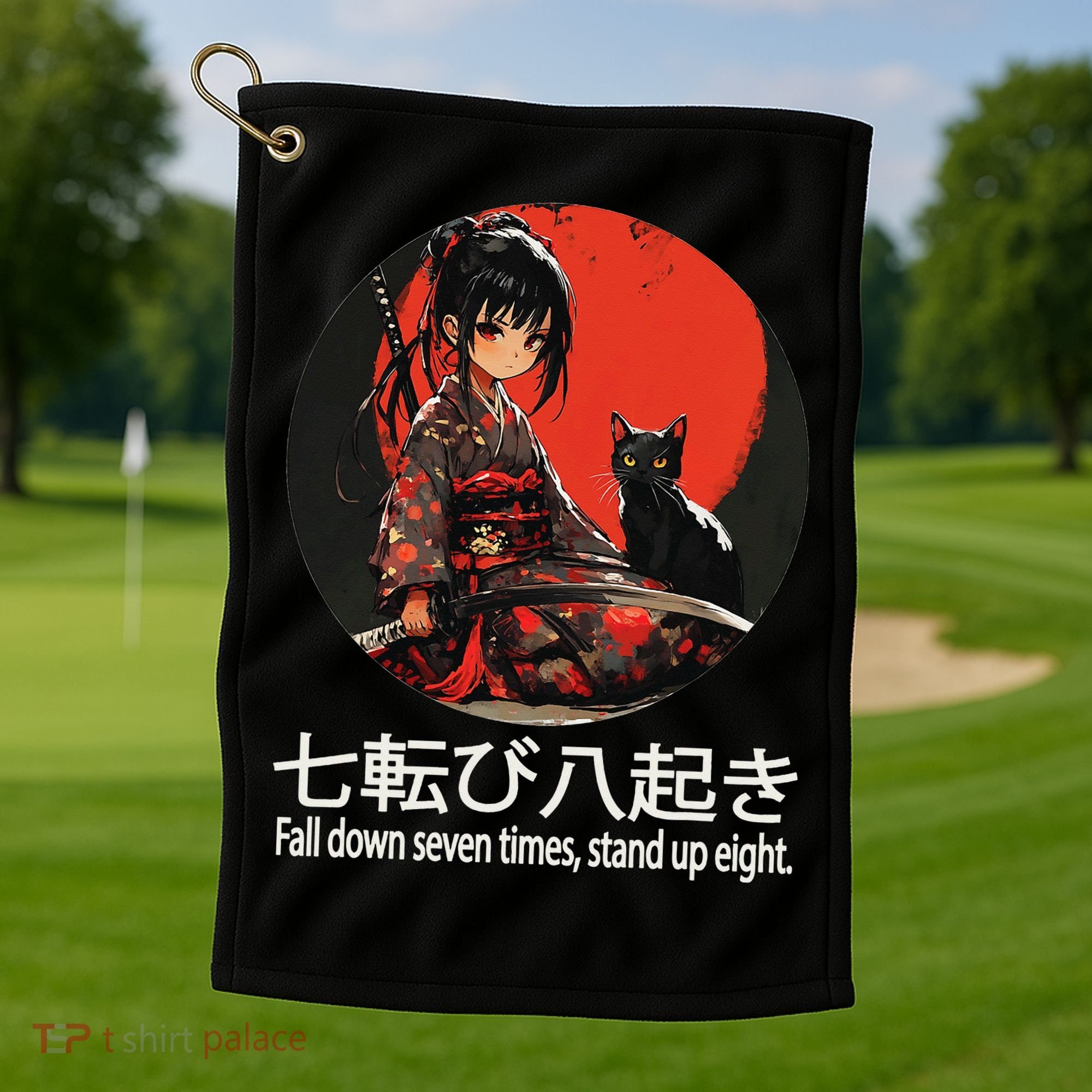 Japanese Samurai Girl With Sword And Kawaii Anime Black Cat Golf Towel