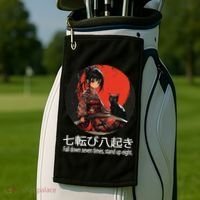 Japanese Samurai Girl With Sword And Kawaii Anime Black Cat Golf Towel thumb 2