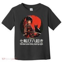 Japanese Samurai Girl With Sword And Kawaii Anime Black Cat Toddler T-Shirt thumb 0