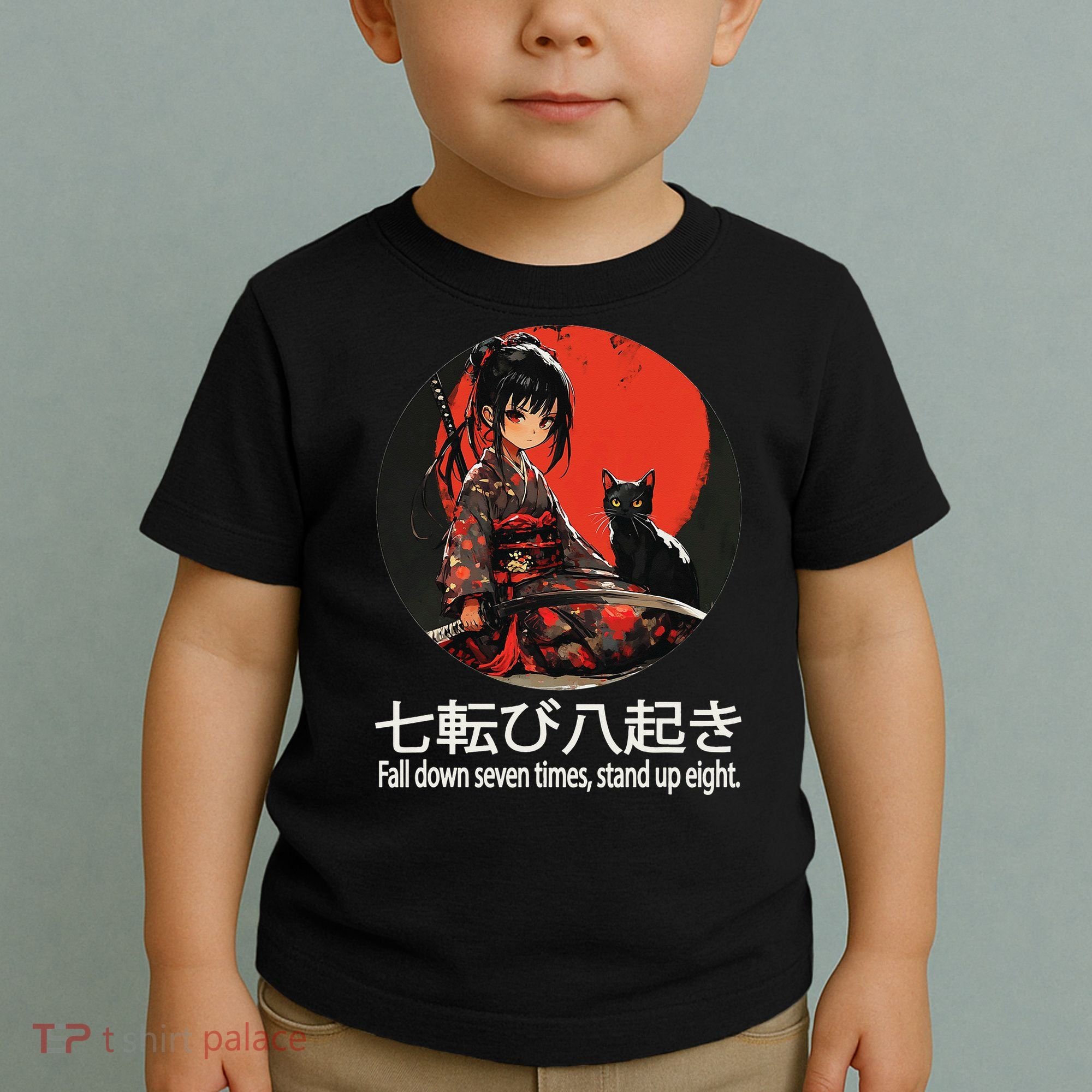 Japanese Samurai Girl With Sword And Kawaii Anime Black Cat Toddler T-Shirt